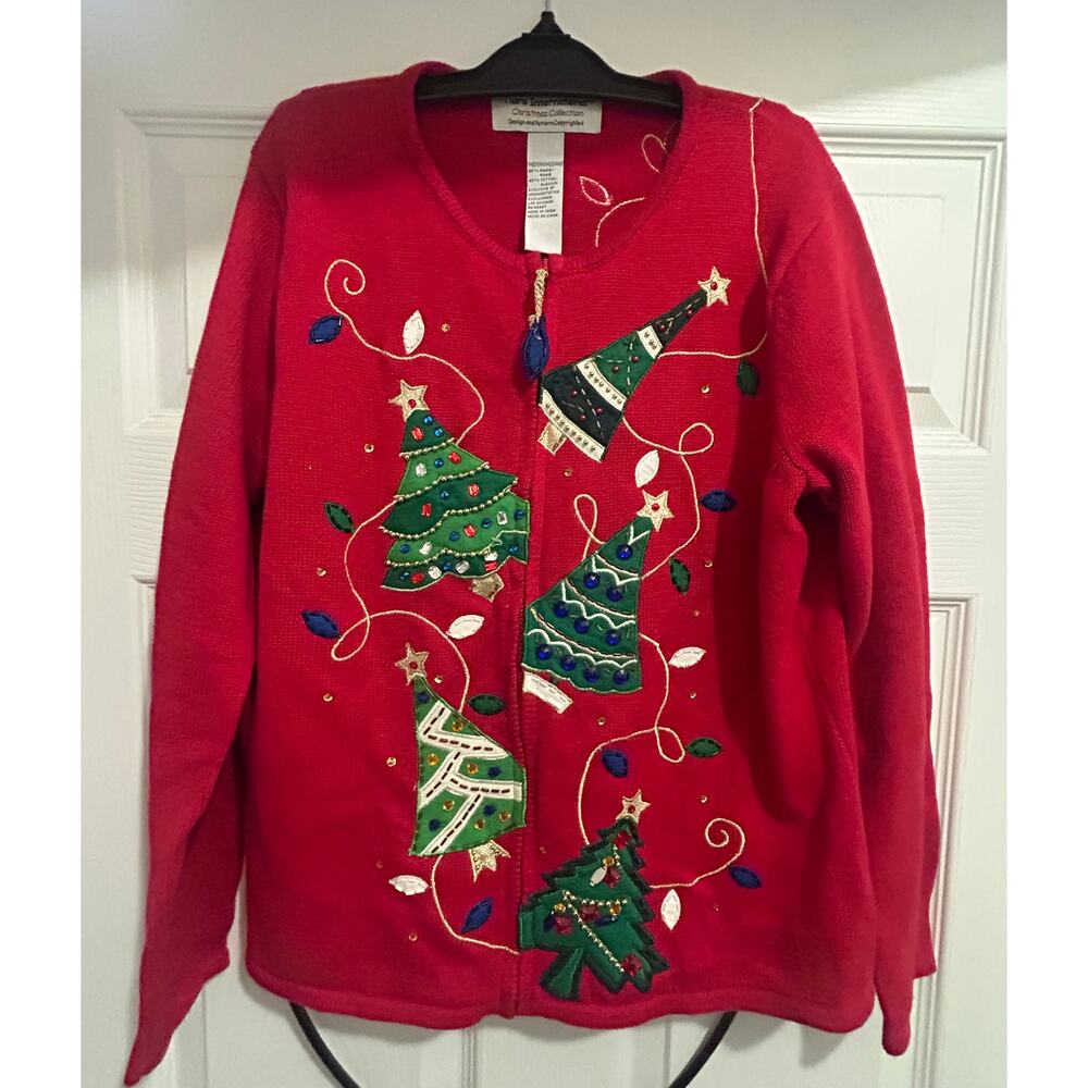 Vintage Tiara International Collection Ugly Christmas Sweater Red Zip Up Medium